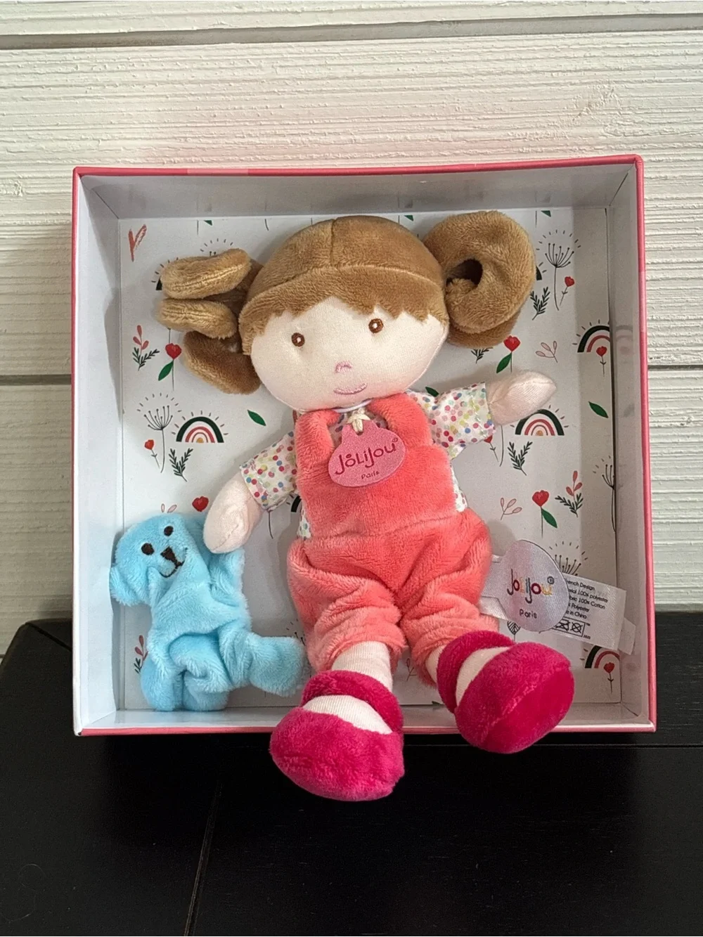 Jolijou Paris Soft My First Doll Pink Overall Brown Eyes & Pigtail Blue Bear NEW